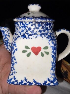 Blue Spatter Ceramic Teapot with Red Heart Accent